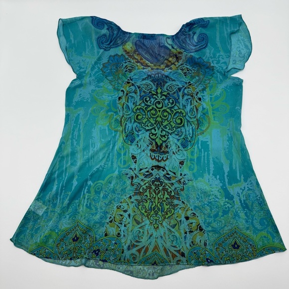 Unity World Wear Women’s Blue Green Studded Patterned Top Medium Flutter Sleeve - Picture 8 of 15